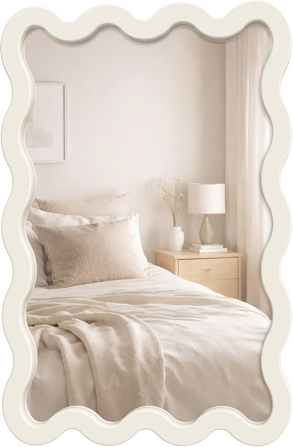 22"x30" White Wavy Wall Mirror for Vanity, Cream Solid Wood Irregular Mirror for Bedroom, Cute Squiggle Mirror for Aesthetic Decor, Small Asymmetrical Curvy Frame