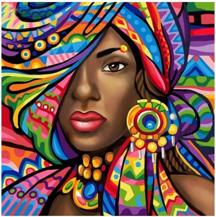 BENBO Diamond Painting Kit for Adults, 15.8x15.8In African Woman DIY 5D Full Drill Crystal Diamond Paint by Number Kits Cross Stitch Rhinestone Painting Arts Craft for Home Decor