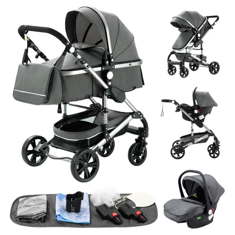 GLOKID Carrito bebé 3 Piezas, Carro, Carrito bebé 3 en 1, Silla Paseo, Sistema de viaje, Plegable, neumáticos de caucho, Con accesorios, Góndola, Adaptateurs, 25 kg (Gris)
