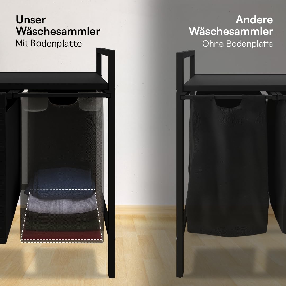 STEELSØN Rigil Wäschesammler 4 Fächer – Wäschekorb mit 1 Ablage – 4x 40 L Wäscheboxen in schwarz – Metall Wäschesortierer – ausziehbare & herausnehmbare Wäschesäcke – Schmutzwäschebehälter