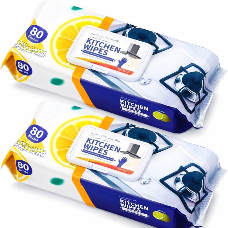 Kitchen Cleaning Wipes, Lemon Fresh Scent – Pack of 2 (80 Wet Wipes Each, 160 Total) for Grease, Oil & Everyday Kitchen Surface Cleaning | Home, Family & Professional Use