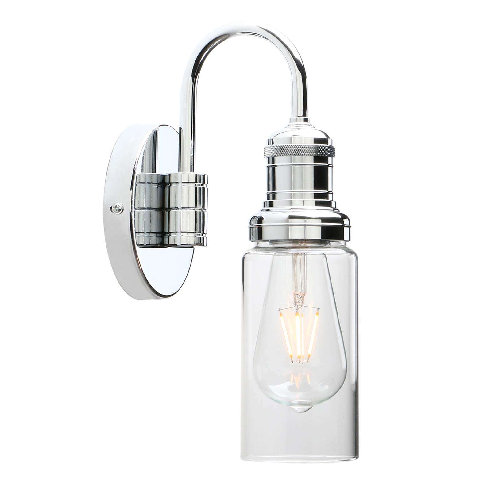 Permo Industrial Vintage Gooseneck Wall Mount Single Sconce with 3.1" Cylindrical Clear Glass Shade Wall Sconce Light Lamp Fixture (Chrome)