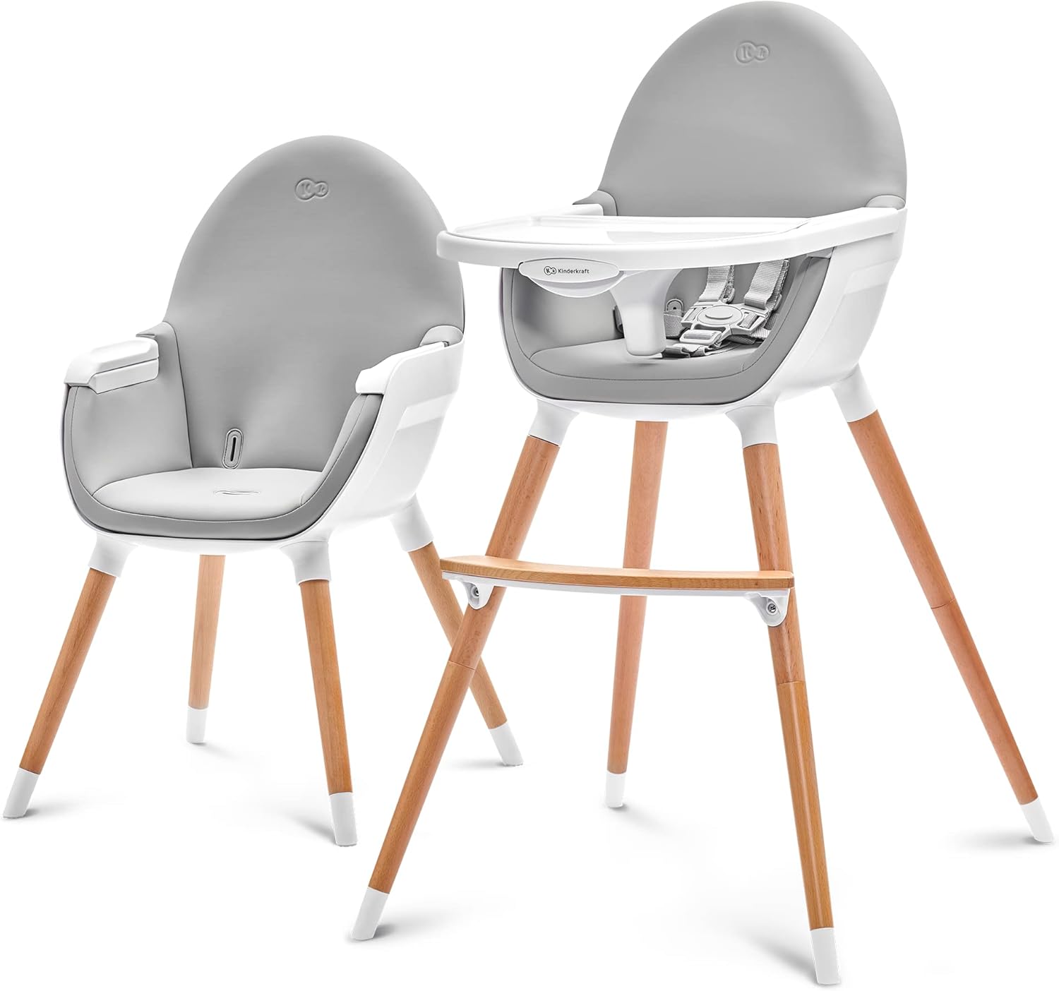 Kinderkraft Fini 2-in-1 High Chair, Baby Chair, Combination High Chair, Wooden Legs, Seat Belts, Footrest, Double Tray, from 6 Months to 5 Years, 5 Point Straps, Grey