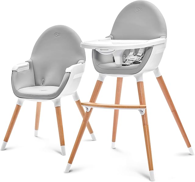 Kinderkraft Fini 2-in-1 High Chair, Baby Chair, Combination High Chair, Wooden Legs, Seat Belts, Footrest, Double Tray, from 6 Months to 5 Years, 5 Point Straps, Grey
