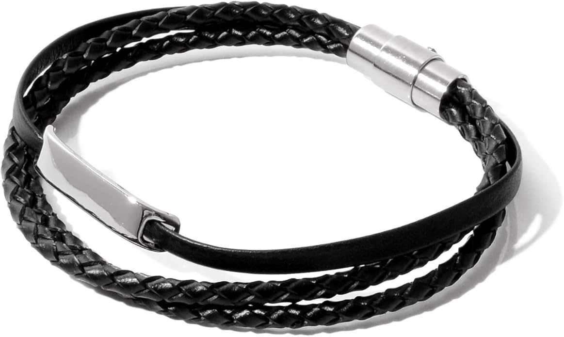 Amazon Naru 本革 編み込み レザー ブレスレット メンズ レディース ペア おそろい カップル 人気 革 ブランド 3連 ブラック 黒 ブレスレット 通販