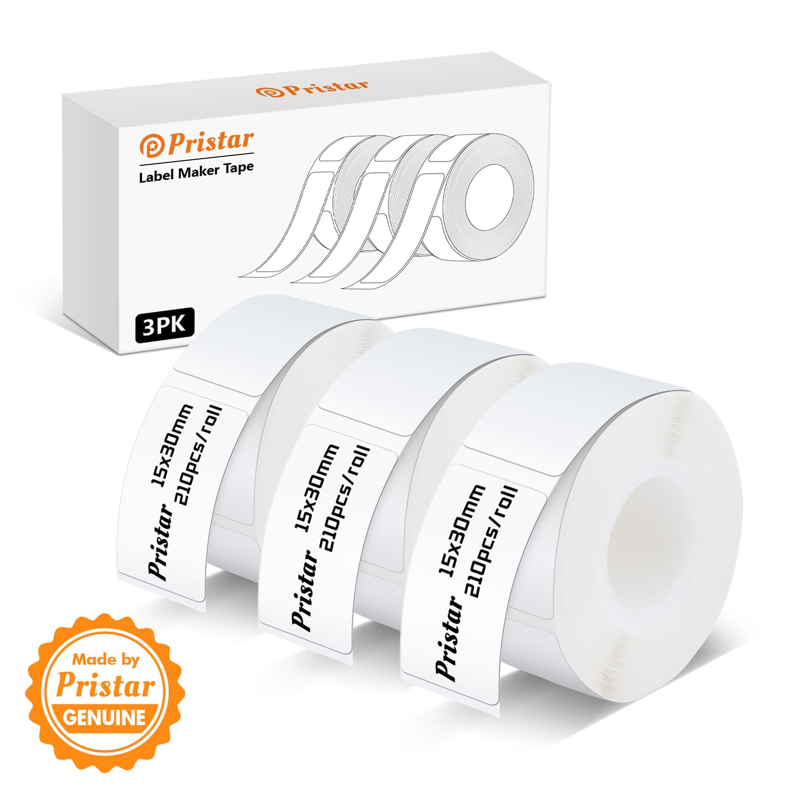 Pristar P15 ruban d'étiquettes thermiques autocollantes 15mm*30mm 3 rouleaux blanc 210 étiquettes/rouleau