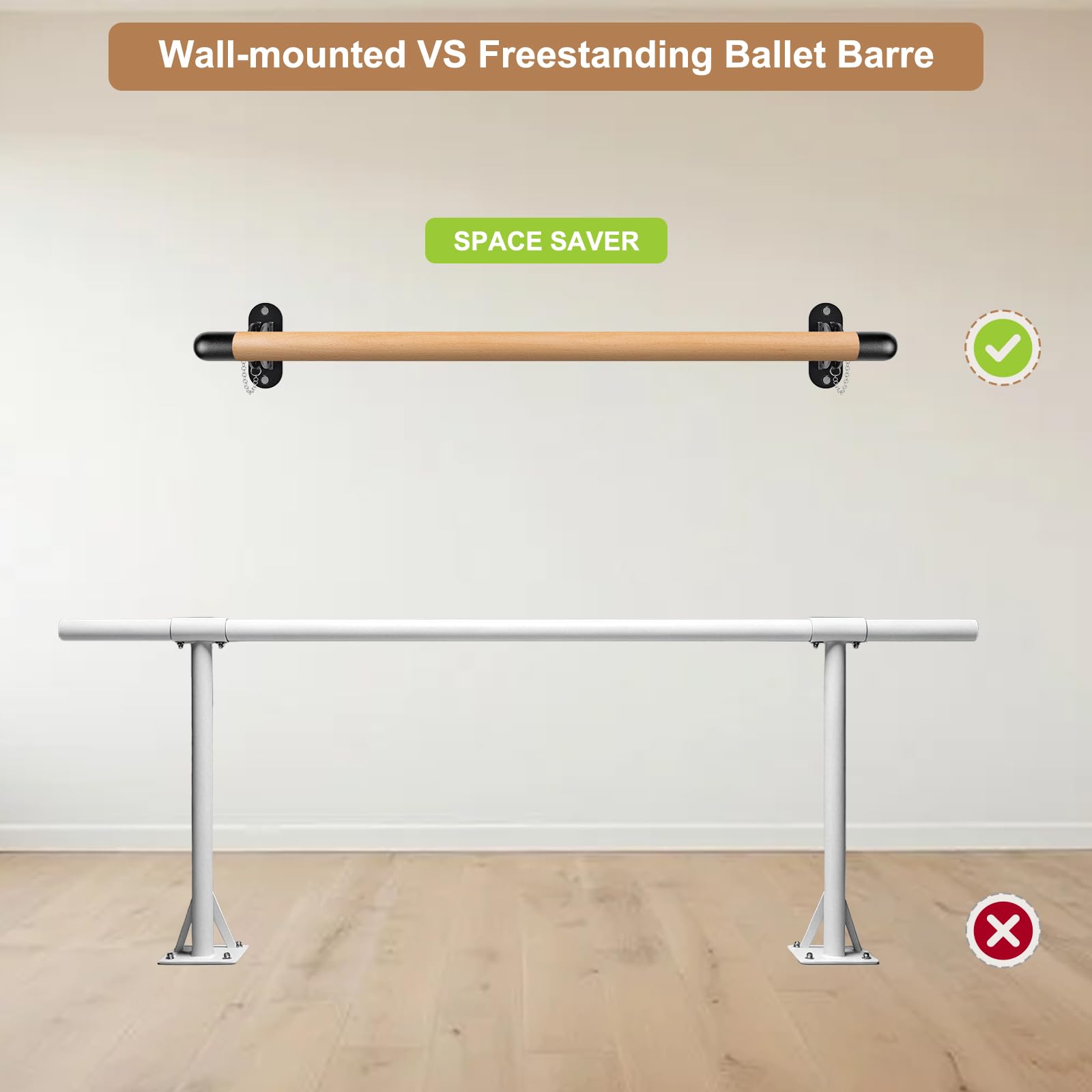 Dolibest Barre de Ballet, 0.9-2.5M Barre de Danse Murale en Bois Ajustable pour l'équipement d'étirement de Barre d'entraînement à Domicile avec Support Métallique pour Enfants/Adultes, 4cm Diamètre