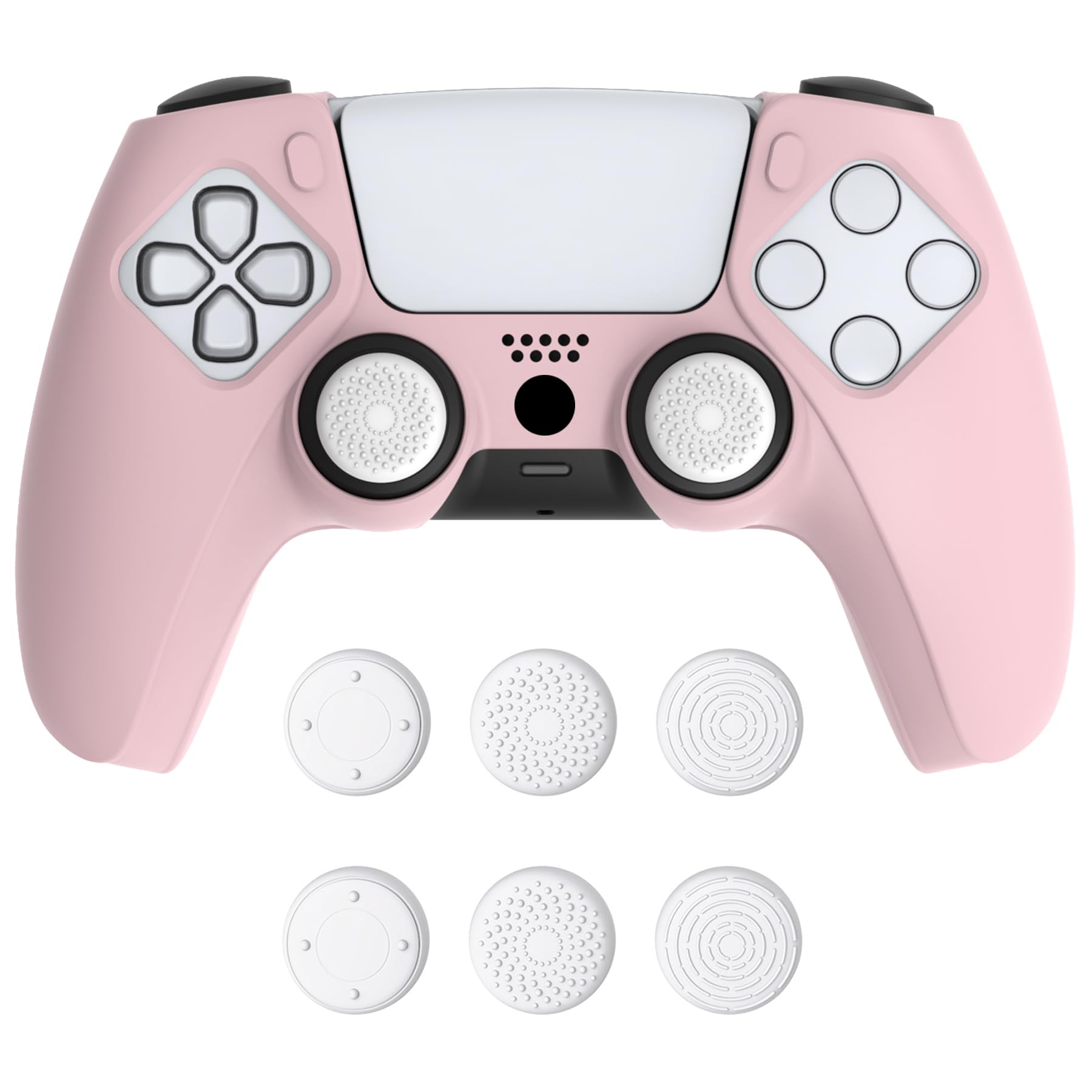 PlayVital Pink Controller Skin for PS5 Anti-Slip Soft Silicone Cover with 6 Thumb Grip Caps Charging Dock Compatible