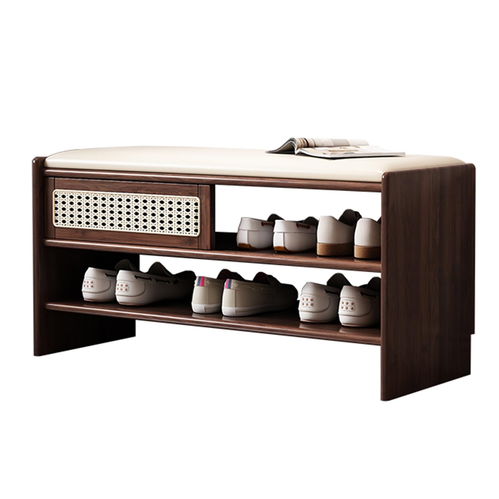 LWJSOCP Compact Walnut Entryway Bench with Padded Cushion Shoe Storage nizer Wooden Shoe Rack for Living Room & Bedroom Stylish 100cm Hallway Seating Solution