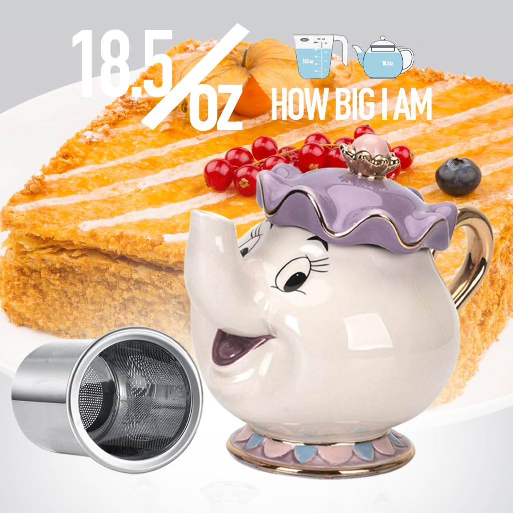 GZHaiTuoSi Mrs. Potts Teekanne, Porzellan-Teekanne mit Teesieb und Deckel, Die Schöne und das Biest, 540 ml, Weiß