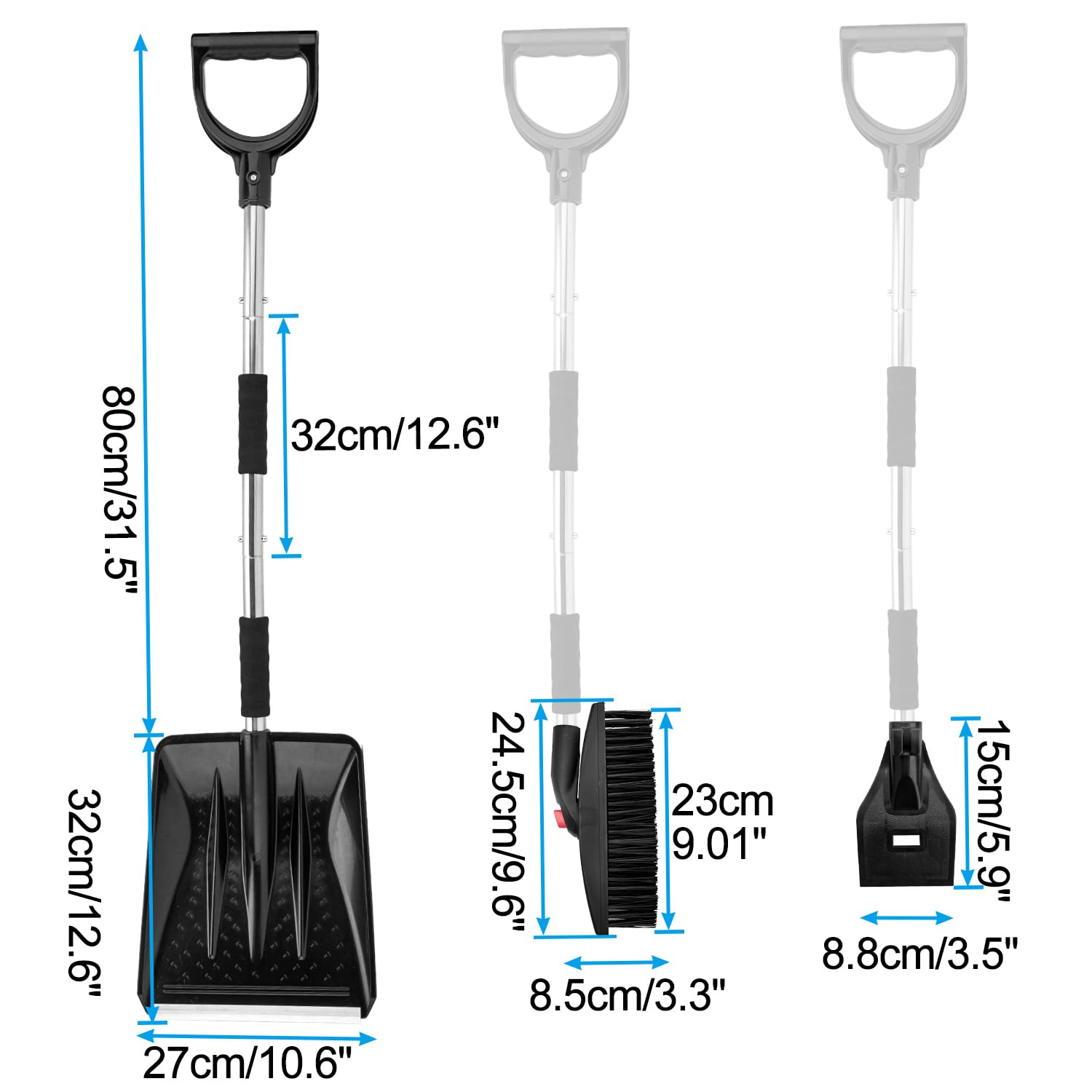 LESOLEIL Pala da neve per vialetto auto, kit 3 in 1 pala da neve portatile con raschietto per ghiaccio e spazzola da neve, rimozione del ghiaccio da neve, per giardino, campeggio, auto e emergenza