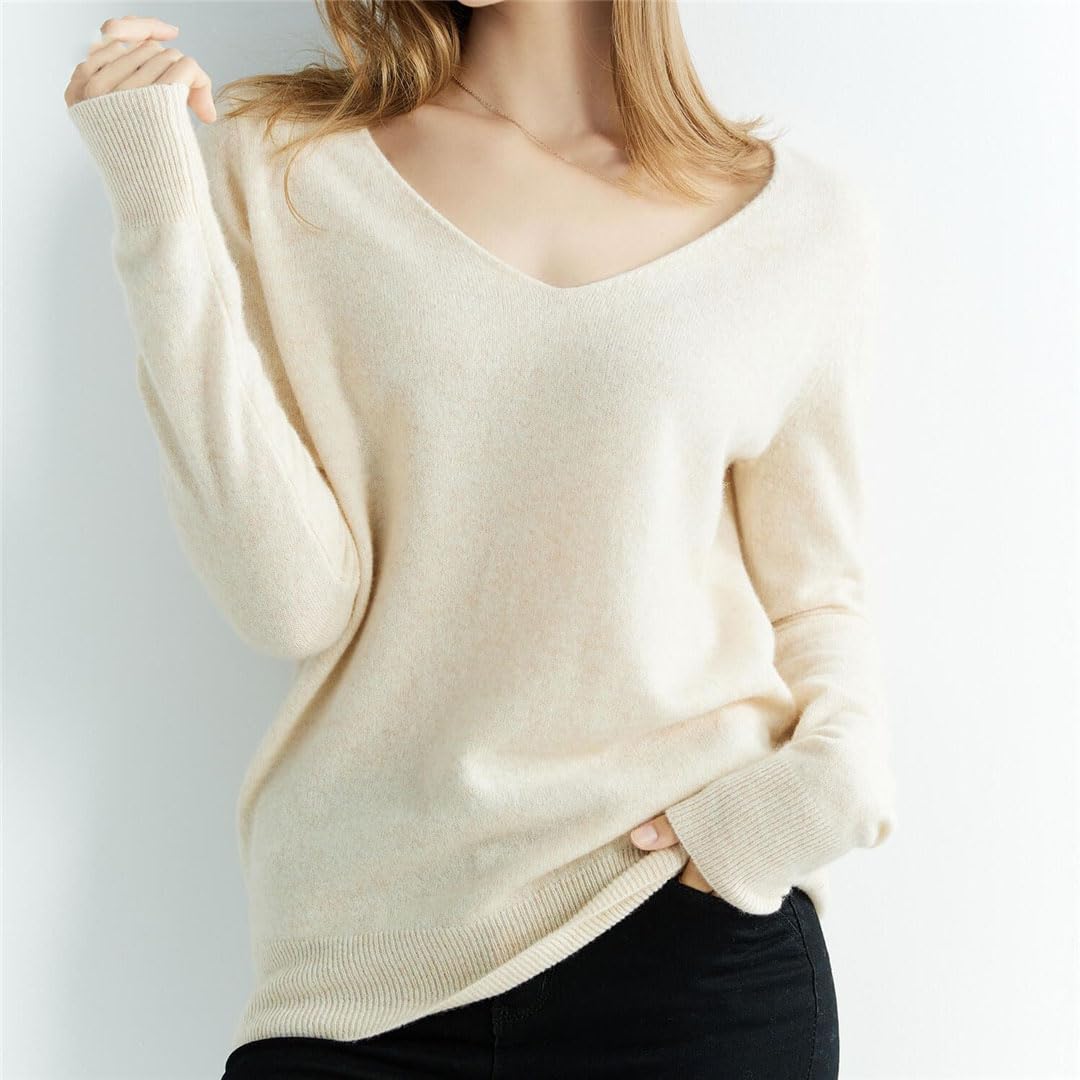 Vogrtcc Maglione da donna in cashmere lavorato a maglia con scollo a V a maniche lunghe