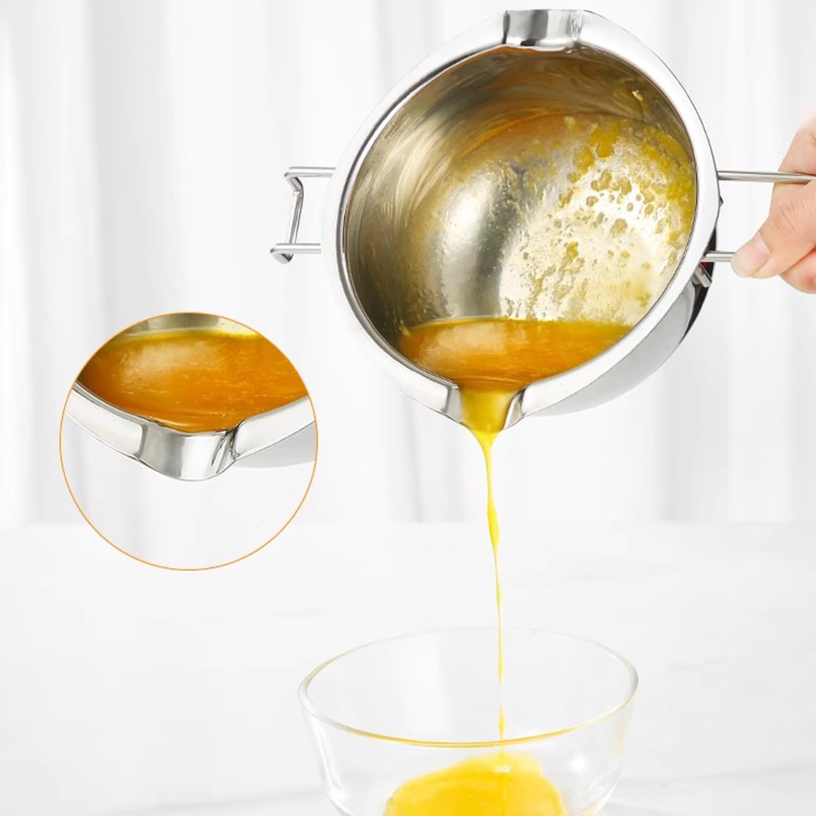Ciotola di Fusione in Acciaio Inox 1000ml, bagnomaria con 2 beccucci e spatola per Cioccolato Zucchero Burro Caramello
