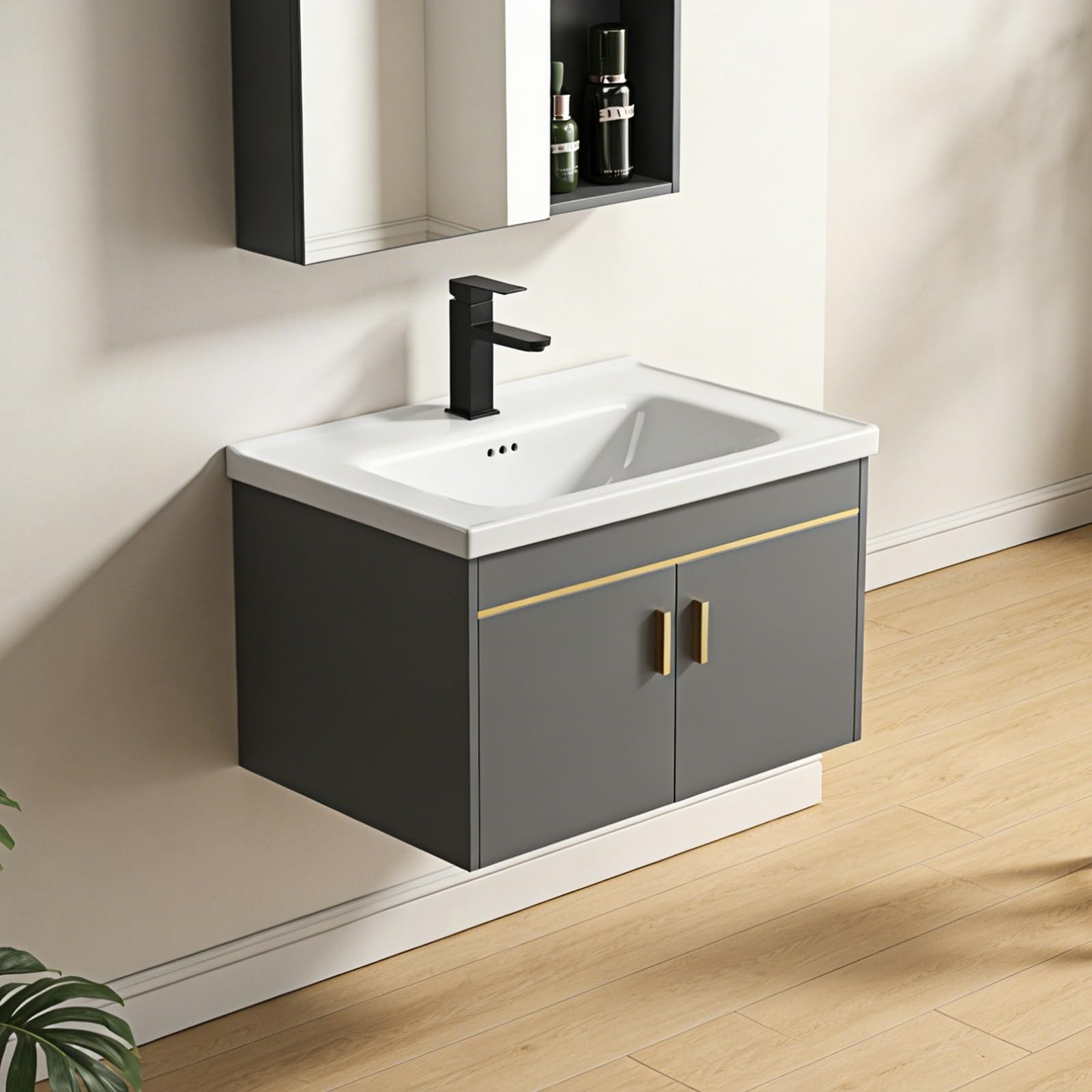 Wandmontierter Spiegelschrank und Waschtischunterschrank,badmöbel Set mit Keramik-waschbecken，Waschtisch mit Unterschrank for kleinen Raum (Badezimmerschrank, 28in)