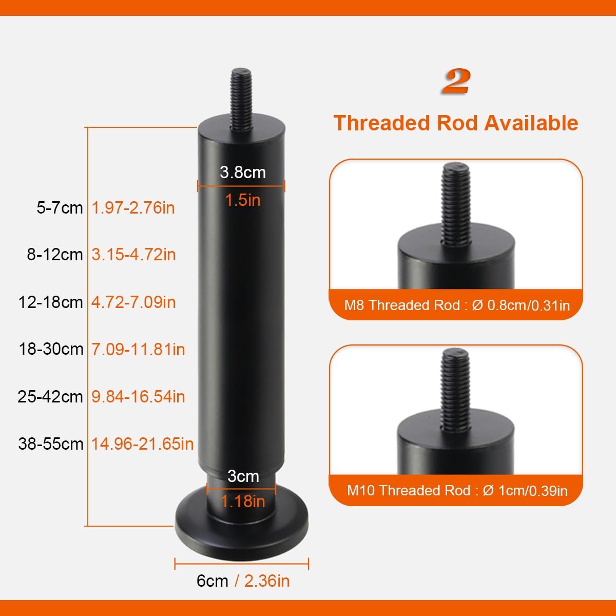 Patas de metal ajustables para muebles, paquete de 4, soporte para armarios, mesitas de noche, camas, muebles de baño, varillas roscadas M8/M10 de 38 a 55 cm de altura
