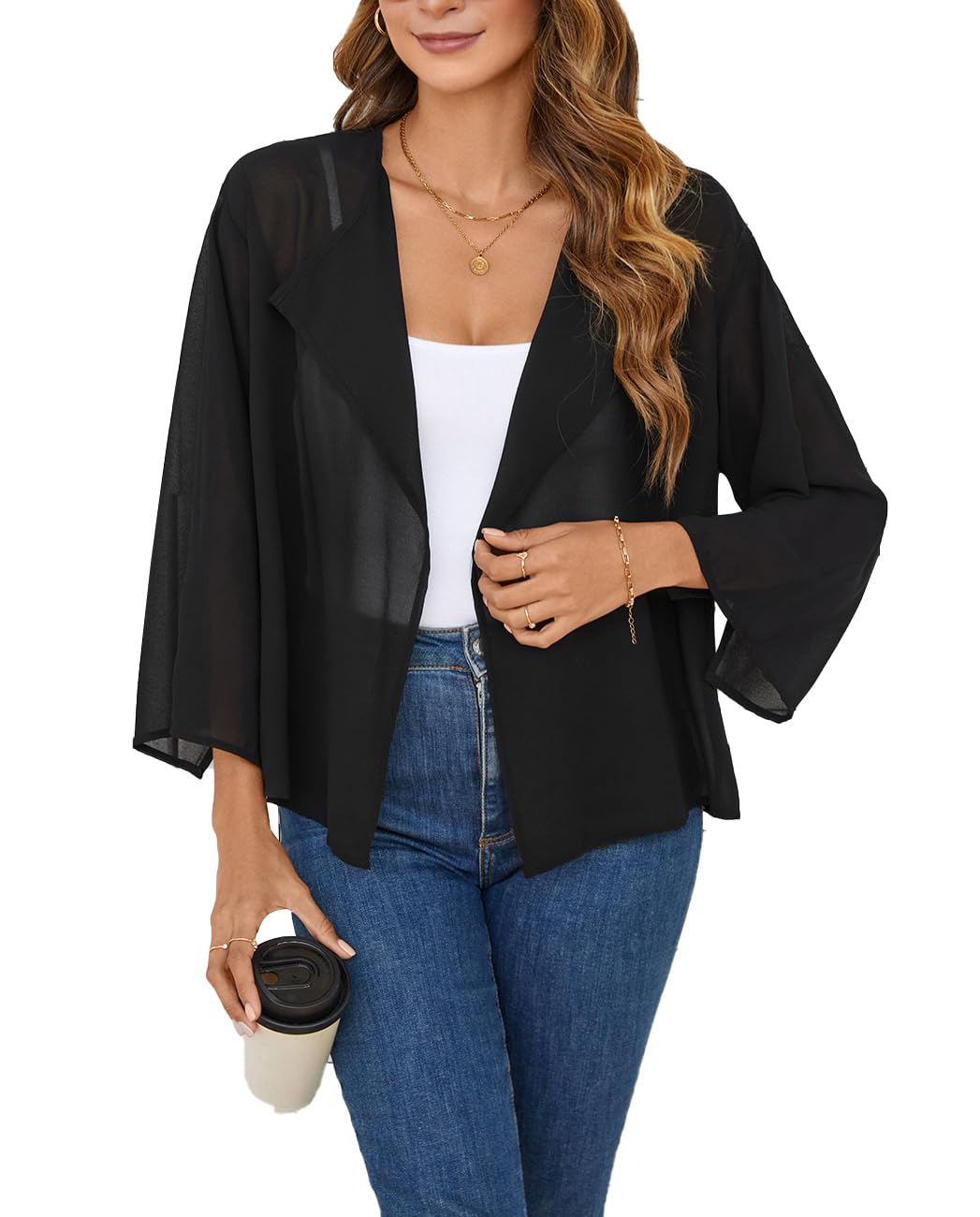 olrain Women Summer Tops 3/4 Chiffon Kimono Cardigans Short Shrugs Cusual Loose Open Front Bolero Cape Cover Up