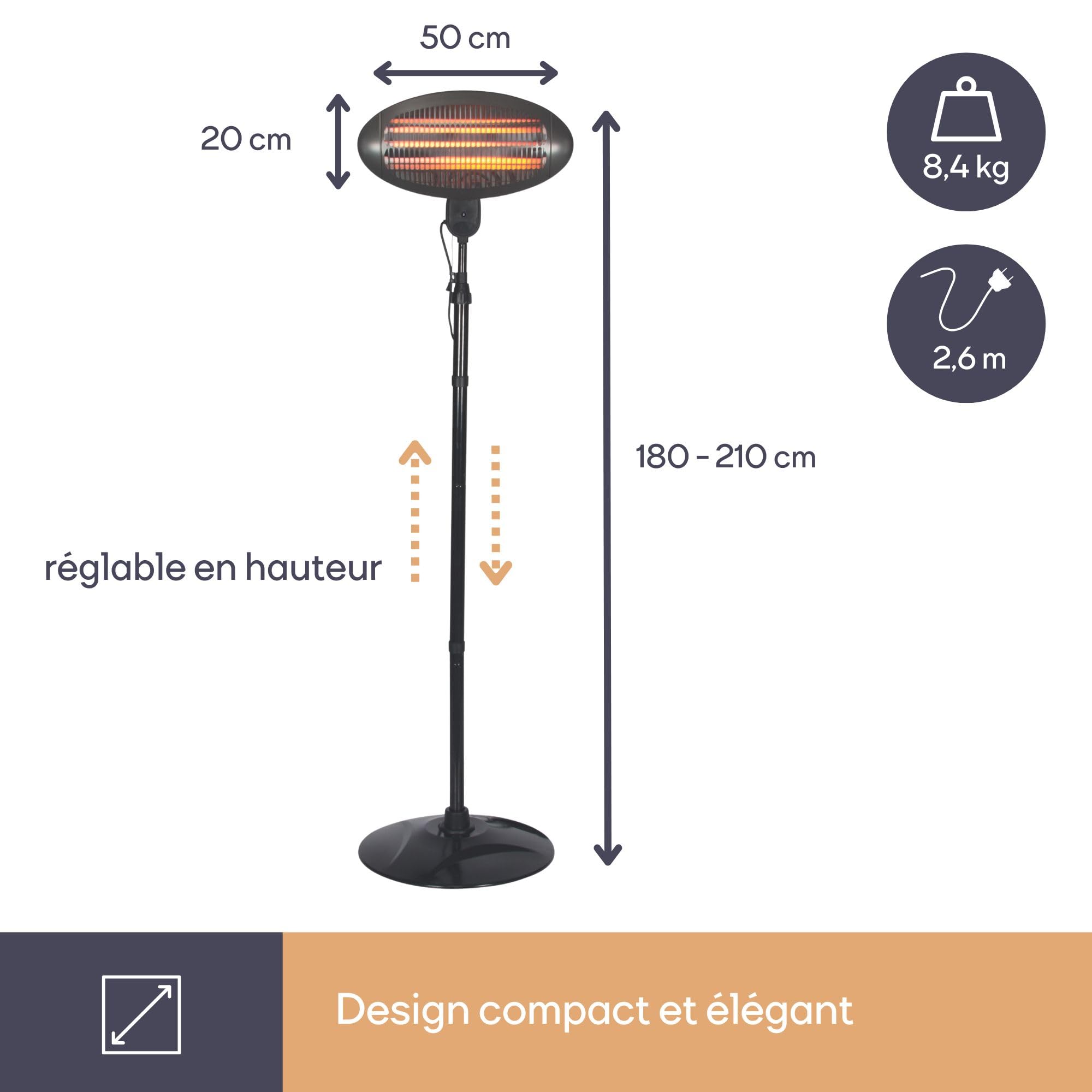 Perel Chauffage de terrasse sur pied 2000 W Quartz Protection anti-basculement 3 niveaux Résistant aux projections d'eau Métal Noir