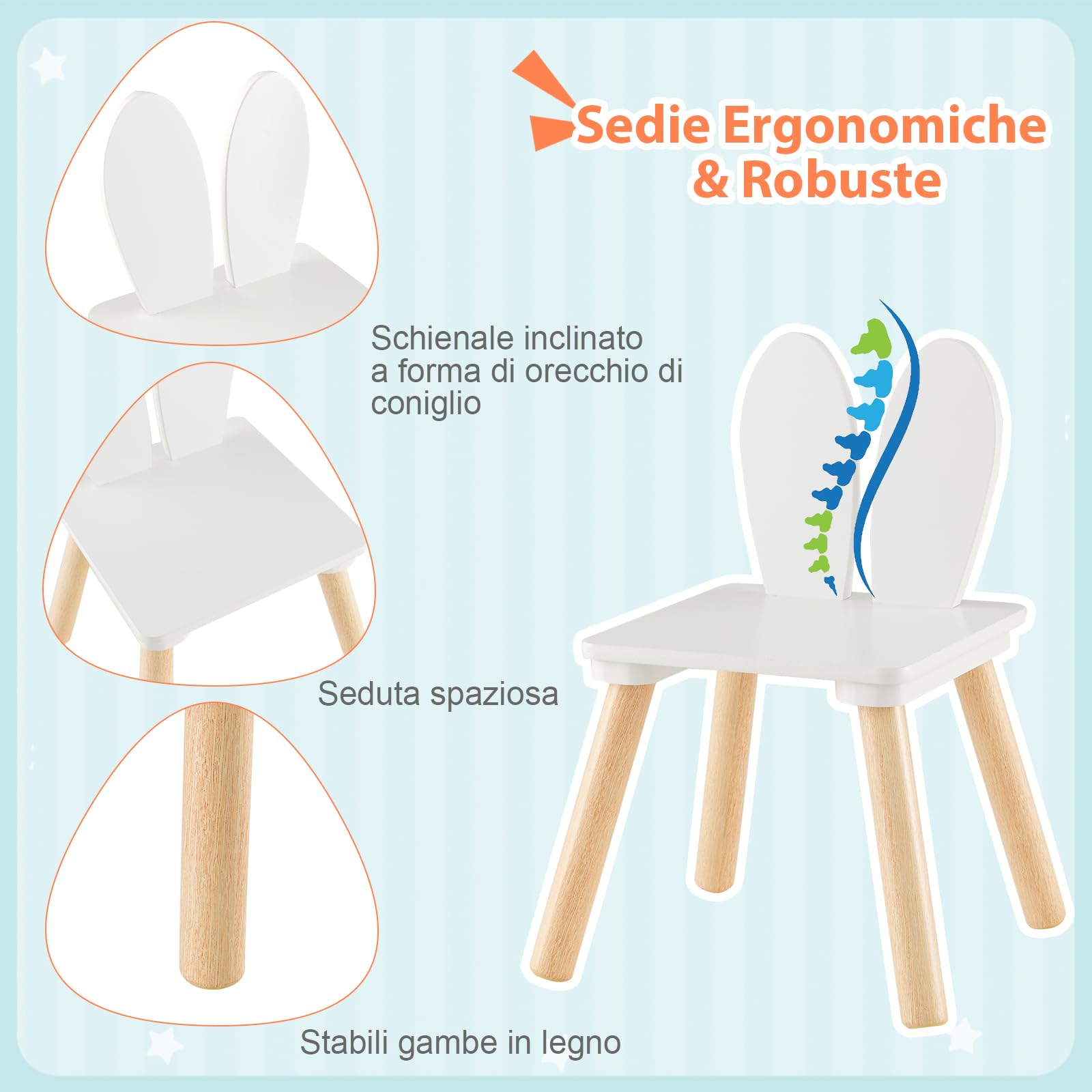 RELAX4LIFE Mesita infantil con 2 sillas con orejas de conejo, juego de mesa y sillas de madera para niños de 3 a 6 años, diseño compacto, mesa para jugar, dibujar y leer, capacidad para 40 kg (blanco)