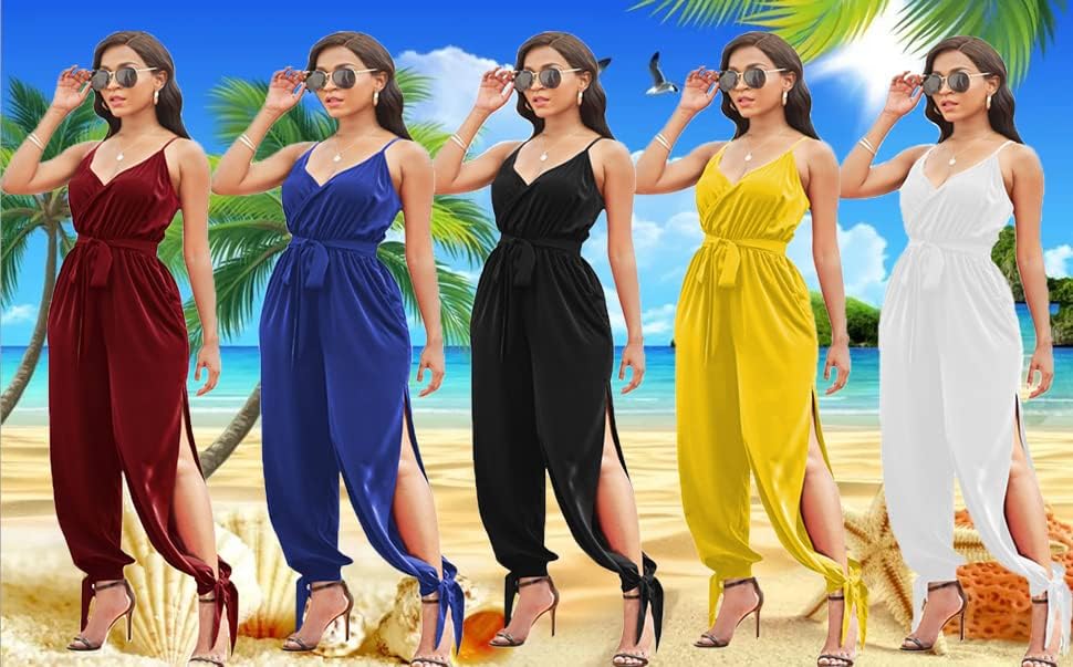 LightlyKiss Casual Summer Dressy Jumpsuits for Women Spaghetti Strap Wide Leg Split Long Pants Loose Fit Rompers - Image 8