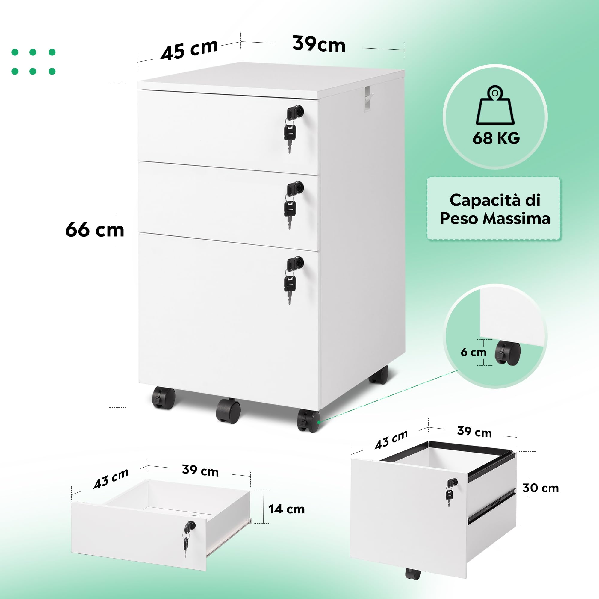 DEVAISE Mobile Archiviatore a 3 Cassetti con Serratura, Cassettiera Sottoscrivania in Legno per Casa/Ufficio, Ideale per Formato Lettera/A4, Bianco