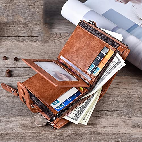 Men's Bifold Wallet Vintage Slim Bifold Leather Wallet for Men Stylish Double Zip Coin Purse Short Purse, Brown, One Size3
