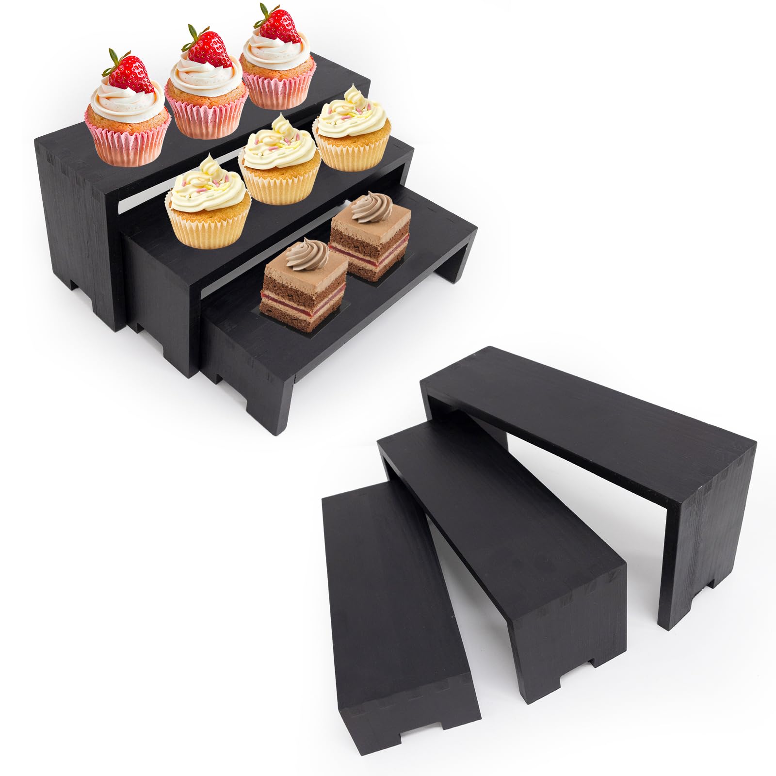 Varbonia 6-Piece Wood Display Risers Set - 2 x 3-Tier Rectangular Stands, Layered Aesthetic Shelves for Cupcakes, Jewelry, Craft Displays, Ideal for Funko Pops