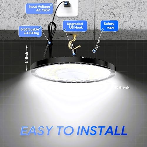 Miniatura 2 de POLARPRA Luz LED de alta bahía de 250 W, paquete de 2 unidades, 35,000 lm 6500 K UFO High Bay luces LED de tienda con cable de enchufe de 6 pies,