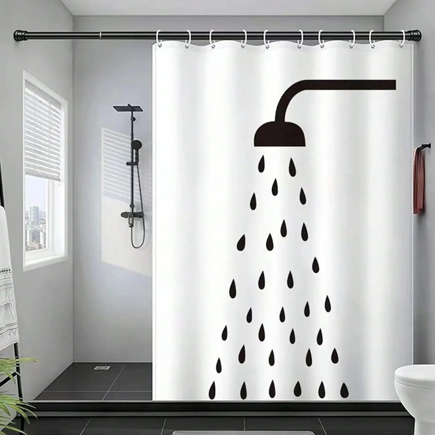 Extra Long Shower Curtains for Bathroom, Black Water Drop Pattern Shower Curtain Fabric Thickening Waterproof Bath Curtain 72x84in-182x214cm/WxH Boho Bathroom Shower Curtains