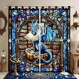 Western Dragon Kids Blackout Curtains,Blue Dragon Reading Book Bookshelf Window Drapes for Boys Girls,Geometric Patchwork Abstract Trippy Chic Window Treatments Grommet Top 2 Panel Set,42Wx84L inch