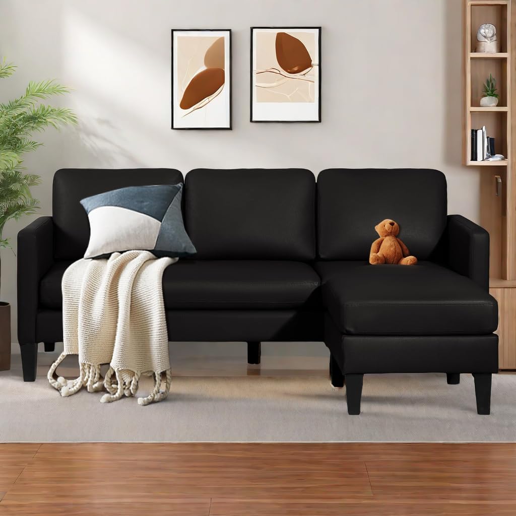 L-Shaped Sectional Modern Sofa - Leather Convertible Sofa Sleeper Sofa Bed Couch Set with Reversible Chaise, Lounge Sofa for Living Room Apartment Small Space (Leather Black) Modern Leather Black