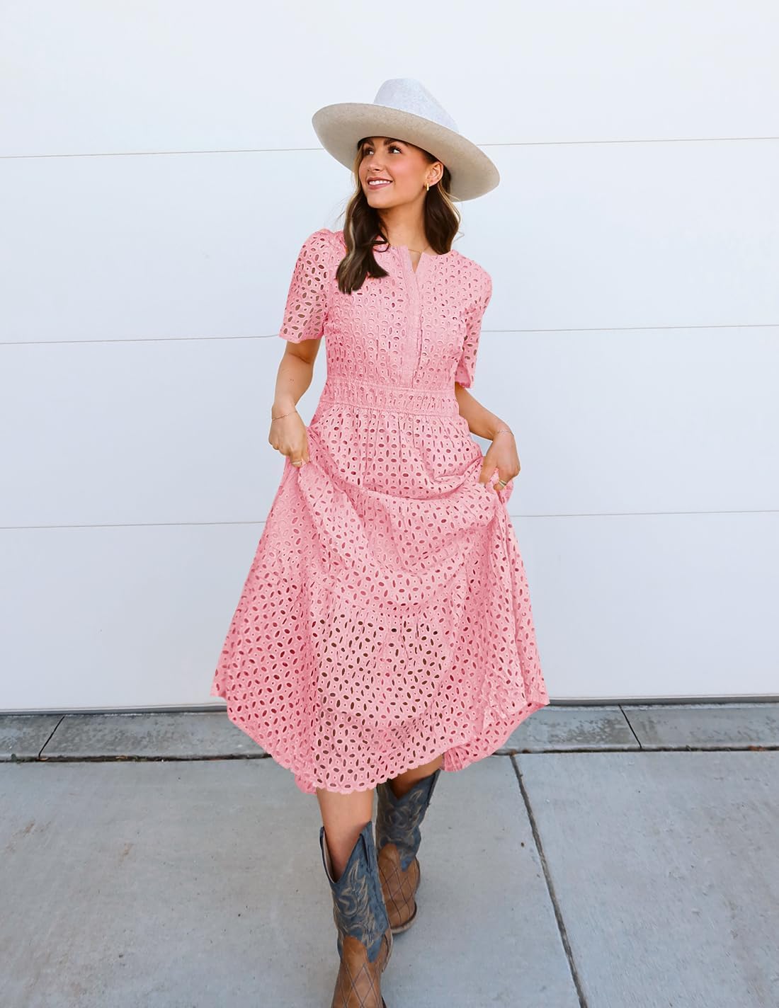 ZESICA Women's 2026 Summer Short Sleeve Maxi Dress Casual V Neck Hollow Out Eyelet Ruffle Swing A Line Long Dresses - Image 6