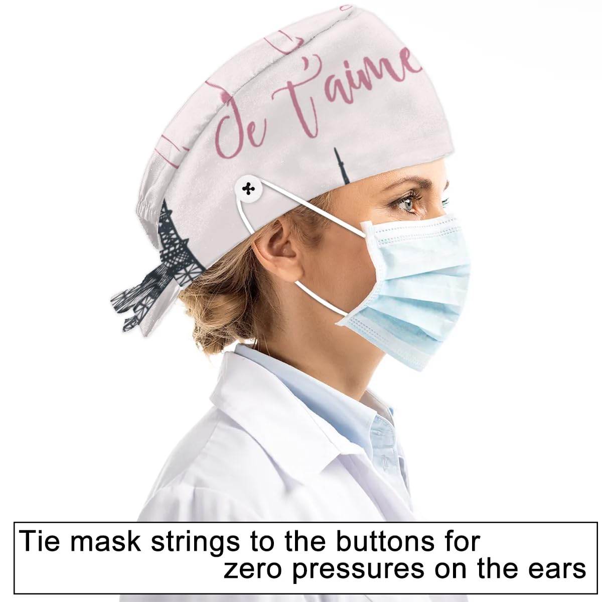 Mularoka Paris Tower Working Caps with Button Sweatband Comfortable Adjustable Bouffant Hats Work Hat for Women Men