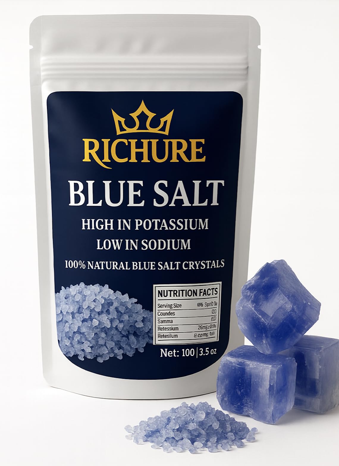Ancient Blue Salt – Rare Mineral Treasure | High Potassium, Low Sodium, Pure & Unprocessed | Gourmet-Grade by Richure 100g (3.52 oz)