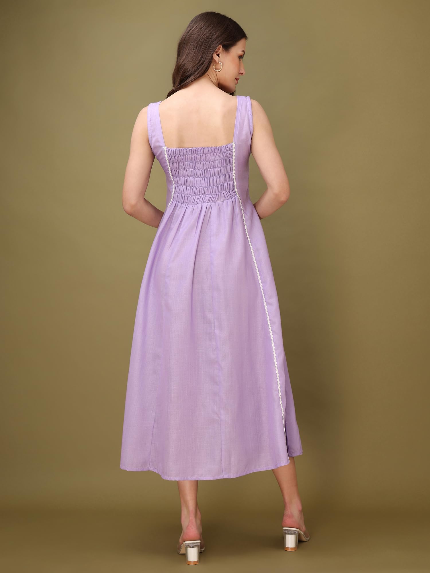 Purvaja Womens Round Neck Flared Cotton Blend Dress (Floe-044-L_Purple)