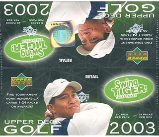 2003 Upper Deck Golf Factory Sealed Retail Box 24 Packs of 5 Cards. Find 1 tournament worn memorabilia card Per Box on Average. Look for inserts featuring Major's champions including Tiger Woods. Also chase possible Annika Sorenstam rookie.
