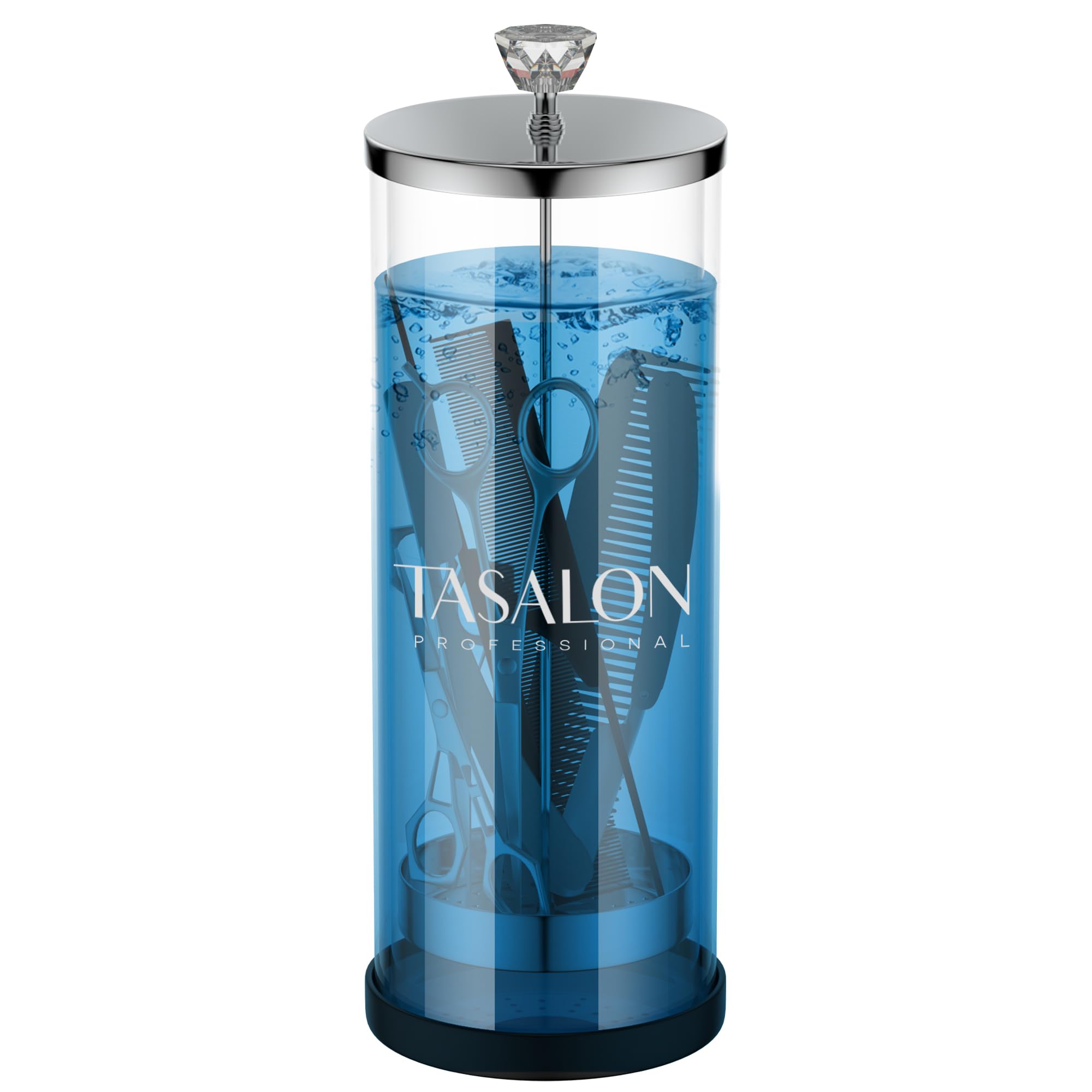TASALON Bocal de barbier (1,3 l) avec poignée en cristal – Pot désinfectant pour salon, spa et magasin de manucure – Récipient de stérilisation en verre durable avec panier amovible en acier