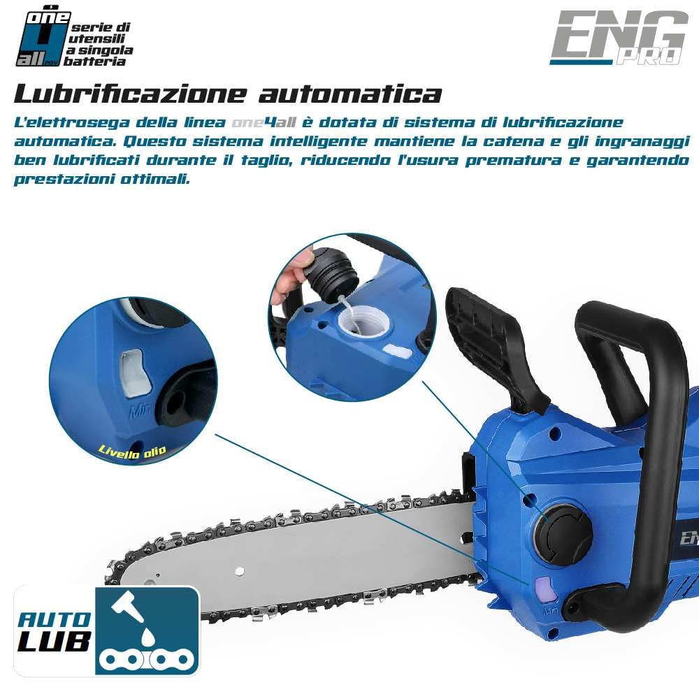 Motosega a batteria per potatura| Linea Professionale a Batteria ONE4ALL| Elettrosega portatile | Lunghezza Barra lama 10” (250 mm) | 1 Batteria 4.0 Ah