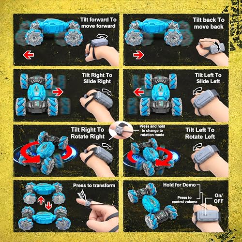 Image of VGRASSP Dual Control Twisting Drift Stunt Car Toy for Kids with Remote Control and Gesture Wrist Controller - Rechargeable 360 Rotating RC Car Toy with LED Lights, Sound Effects - Blue