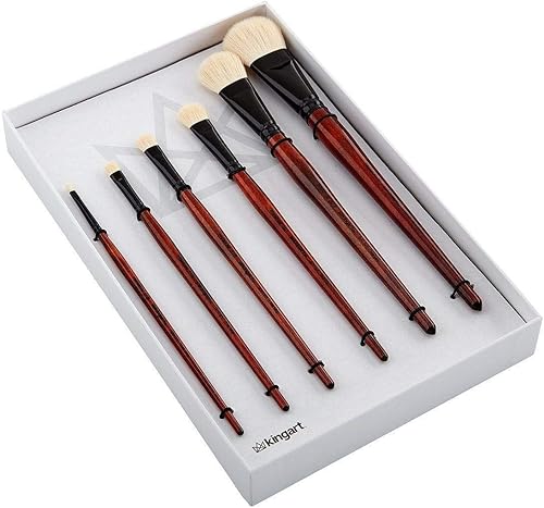 Miniatura 12 de KINGART 1050A Premium 6 Pc. Juego de pinceles planos ovalados para artista, pelo de cabra natural súper suave, mango corto, 6 tamaños para aceite,