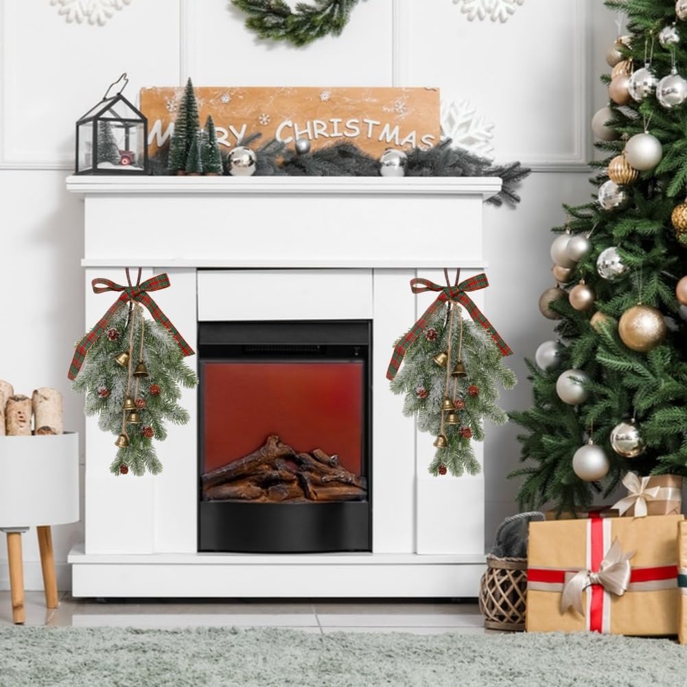 LYFJMUS 4 Pack Christmas Norfolk Teardrop Swags with Bell Velvet Bow Artificial Christmas Swags Rustic Door Swags for Front Door Wall Window Home Xmas Decor