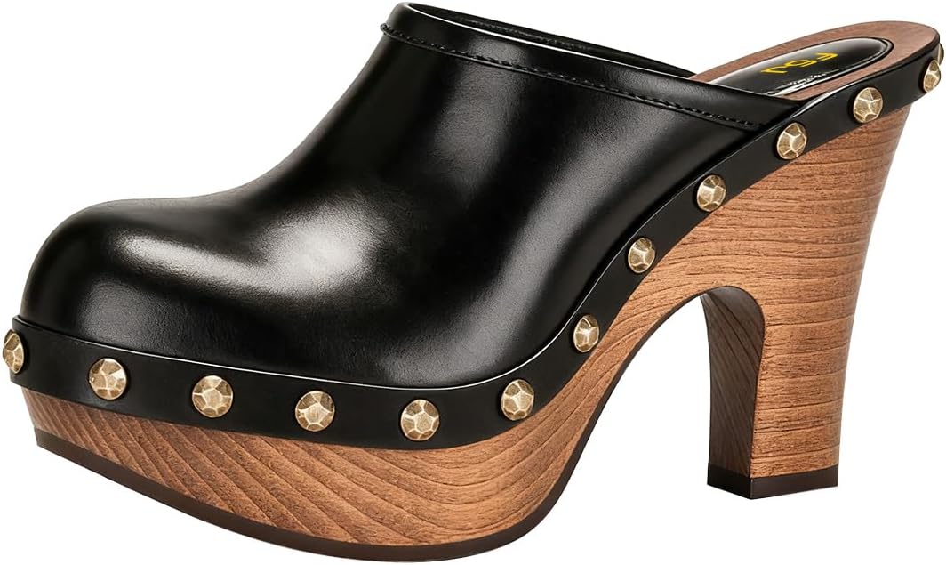 FSJ Women Platform Mules Closed Round Toe Studded Slip On Clogs Wooden Chunky Heel Slide Sandals Dressy Casual Shoes Size 4-16 US