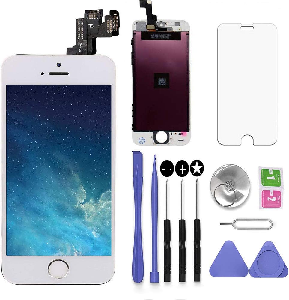 Compatible with iPhone 5S LCD Screen Replacement White 4.0 inch Assembly Full Set 3D Touch LCD Display Digitizer Frame Replacement with Repair Tool Kit, Screen Protector