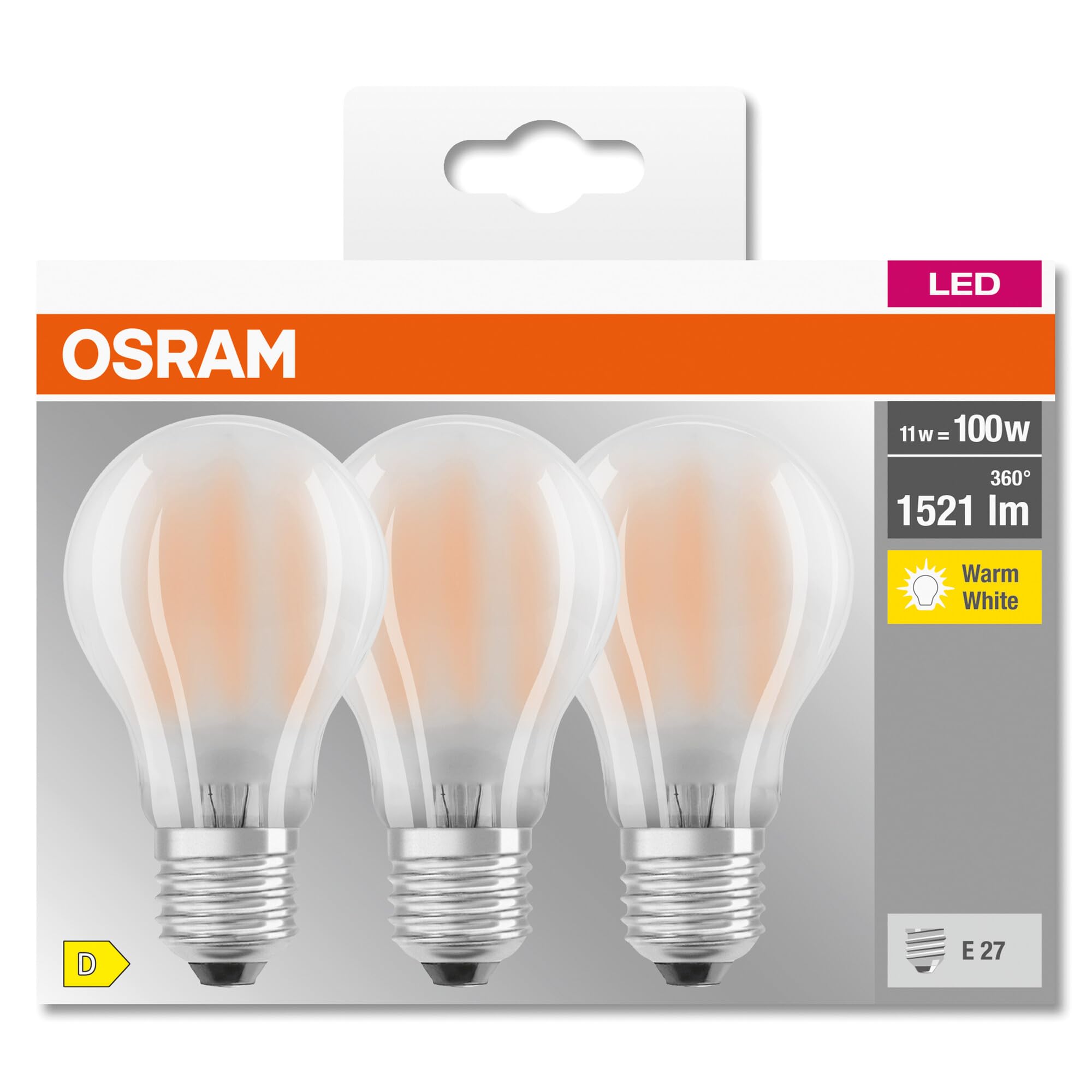 Osram LED-Lampe, Sockel: E27, Warm weiß, 2700 K, 11 W, Ersatz für 100-W-Glühbirne, matt, LED BASE CLASSIC A, 3er-Pack – Ansicht 5