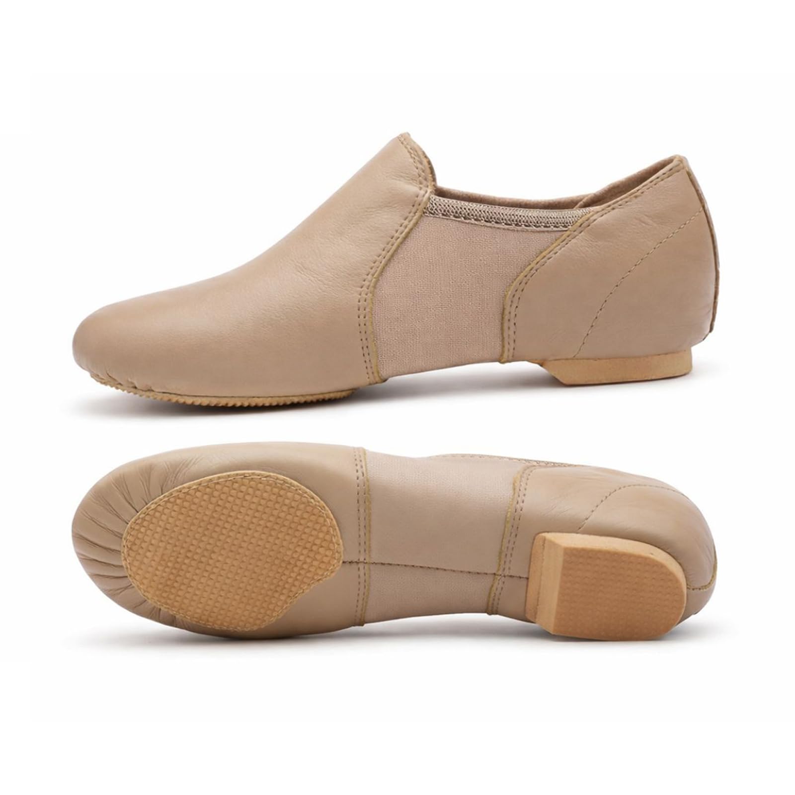 Tan Slip On Jazz Dance Shoes - Pure Leather - Modern Stage Rubber Heel - Neoprene - Irish Dancing Pumps Eye Style Slipper - Kids Adult - Girls & Women-image-30