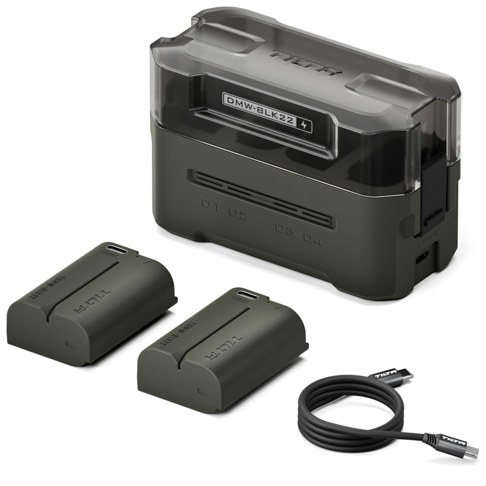 DMW-BLK22 Ersatzakku- und Ladegerät-Set, 2er-Pack 2400-mAh-Akkus und Vierkanal-USB-C-PD-Schnellladegerät, kompatibel mit Panasonic Lumix S5, S5II, S5M2, S5M2X, S1RII, GH6, GH5II, G9M2 TBC-BLK22-A-GN