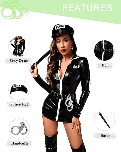 Miniatura 5 de Disfraz sexy de policía para mujer, disfraz de policía de Halloween, 5 piezas, juego de rol, traje de uniforme de policía genial para mujer