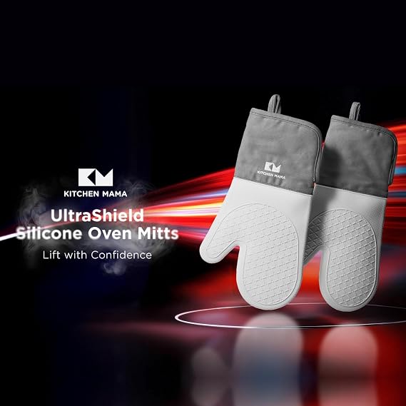 Kitchen Mama UltraShield Silicone Oven Mitts Heat Resistant Non-Slip, Stain-Resistant, Silicone Cooking Mitts & Pot Holders for Baking, Grilling, Heat Resistant Cooking Gloves (Metal Gray)