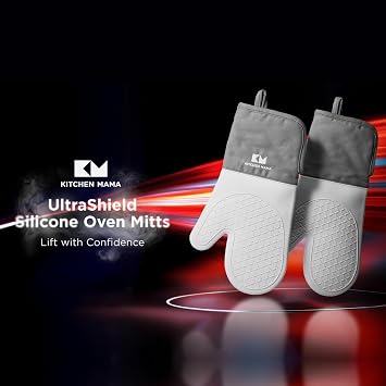 Kitchen Mama UltraShield Silicone Oven Mitts Heat Resistant Non-Slip, Stain-Resistant, Silicone Cooking Mitts & Pot Holders for Baking, Grilling, Heat Resistant Cooking Gloves (Metal Gray)