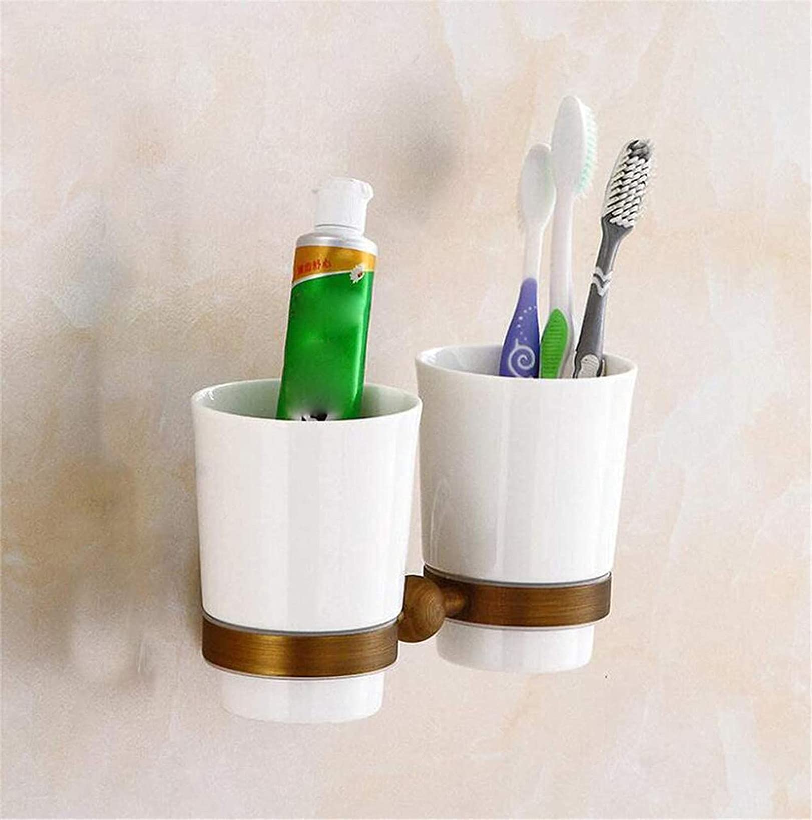 Portaspazzolino doppio a parete, Portaspazzolino doppio in rame massiccio, portabicchieri doppio in ceramica blu e bianco antico, accessori da bagno con superficie spazzolata