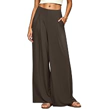Womens Flowy Wide Leg Pants Ribbed High Waisted Pleated Palazzo Trouser